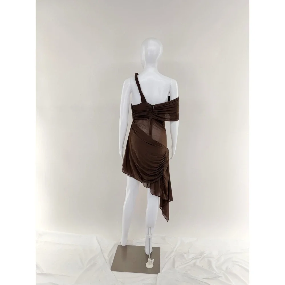 Ronny Kobo Brown One Shoulder Ruched Sheer Draped Mini Dress Size L - Picture 4 of 11